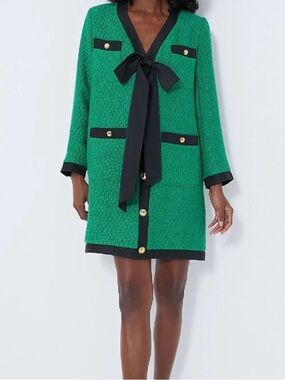 Tuckernuck Green Tweed Mini Dress with Black Trim and Bow